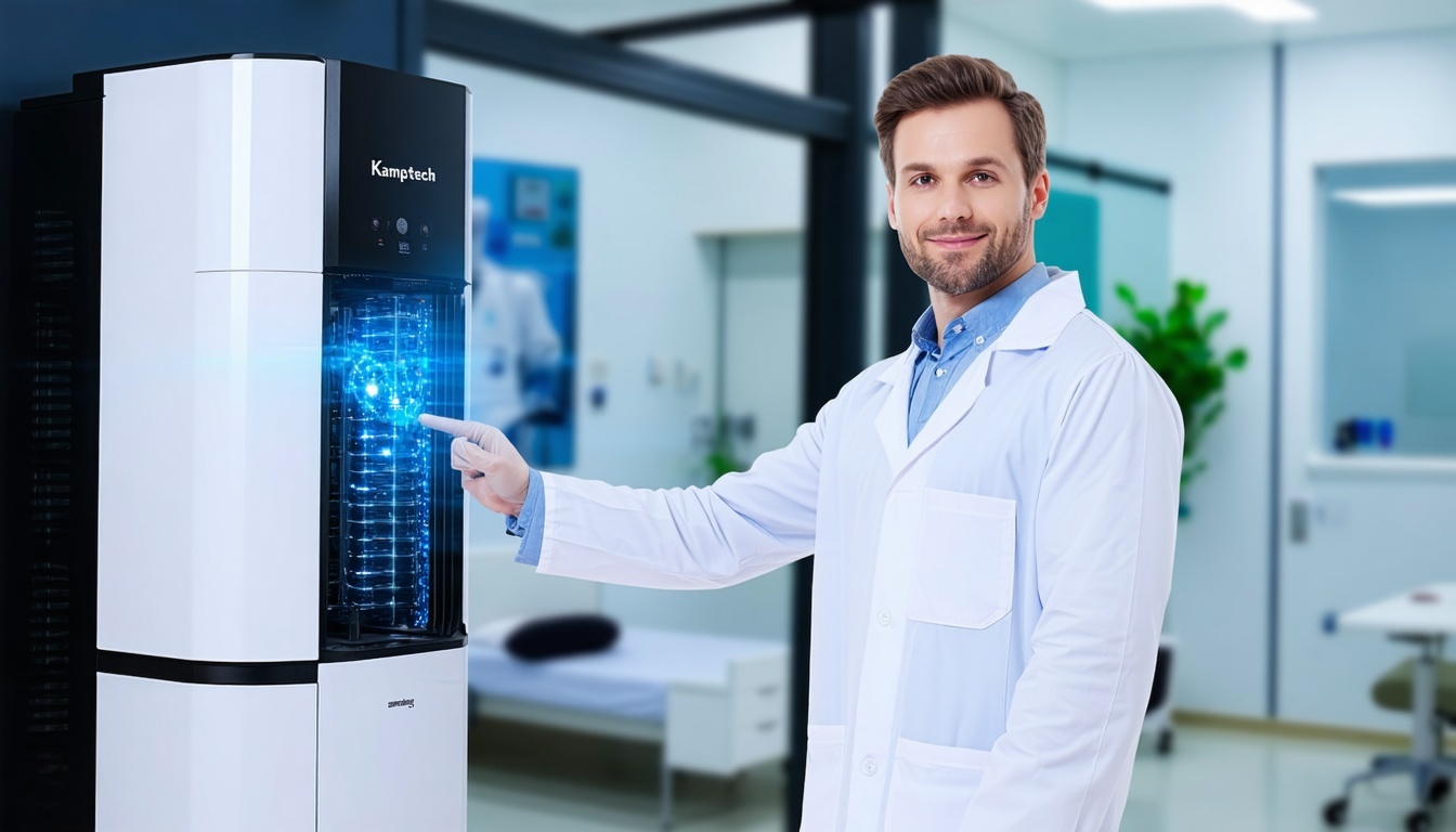 Technician demonstrating Kamptech’s air purification system in a healthcare setting