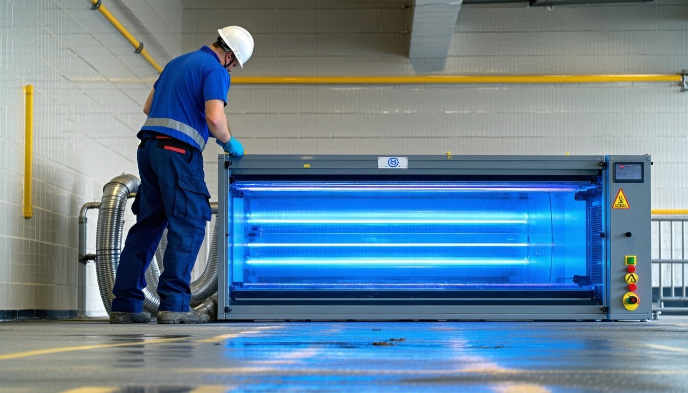 Specialist installing UVC surface and water disinfection unit in a public facility